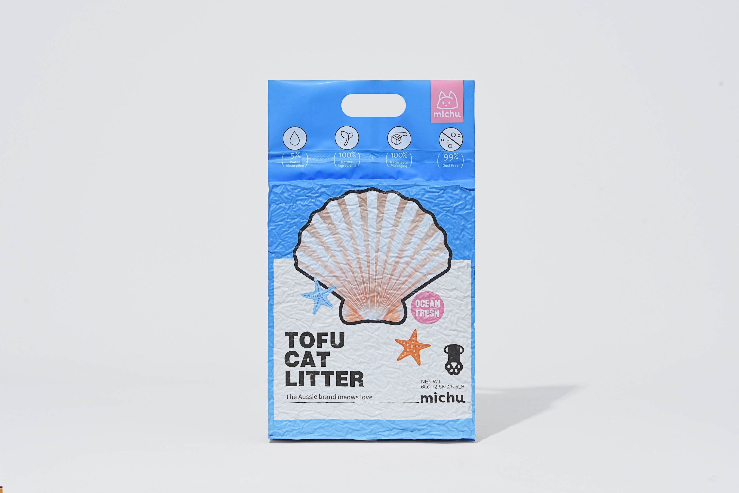 Package of tofu cat litter with a shell design on a light gray background