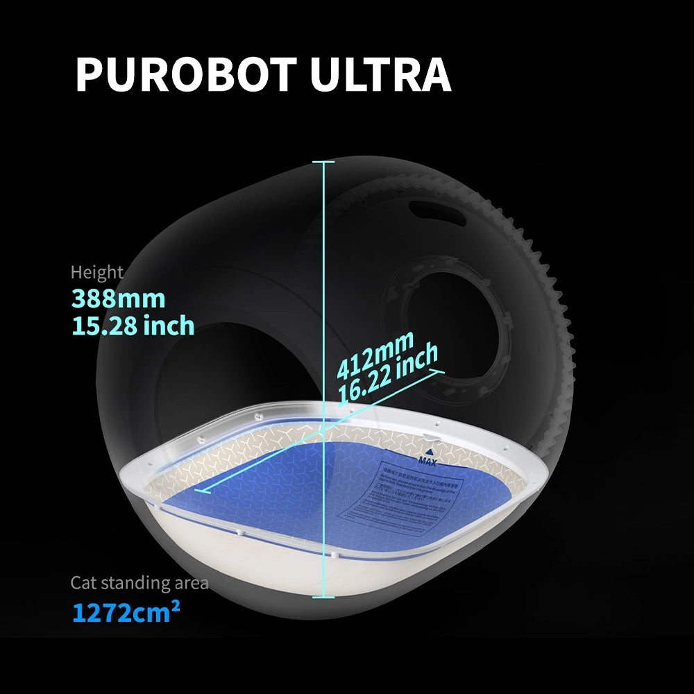 PUROBOT ULTRA with dimensions and features highlighted on a black background