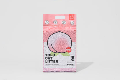 Package of tofu cat litter with a pink and white design on a light gray background