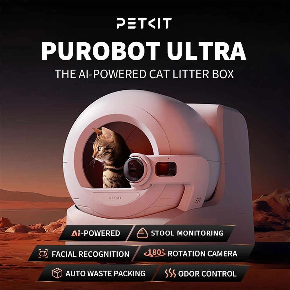 Petit Purobot Ultra AI-powered cat litter box with a cat inside, set against a desert landscape.