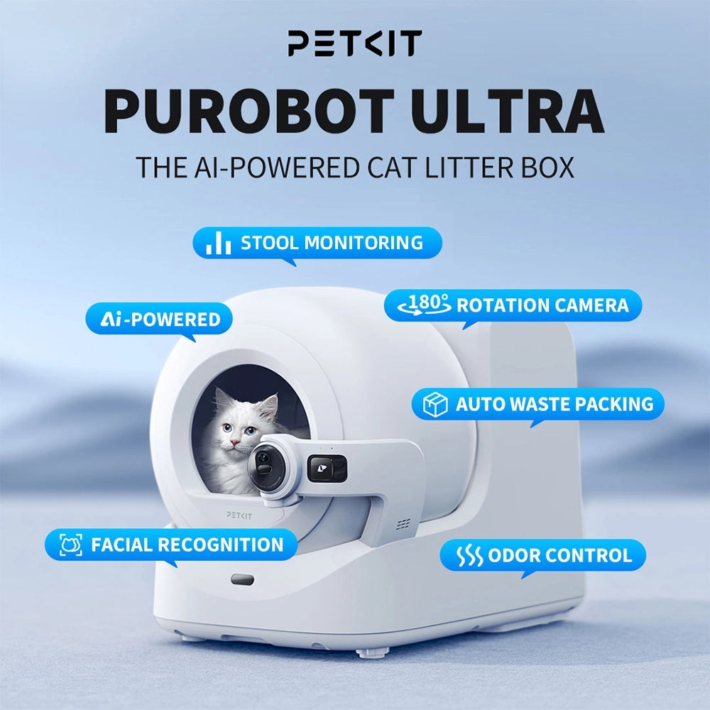 Petkit Purobot Ultra AI-powered cat litter box with features listed on a light blue background