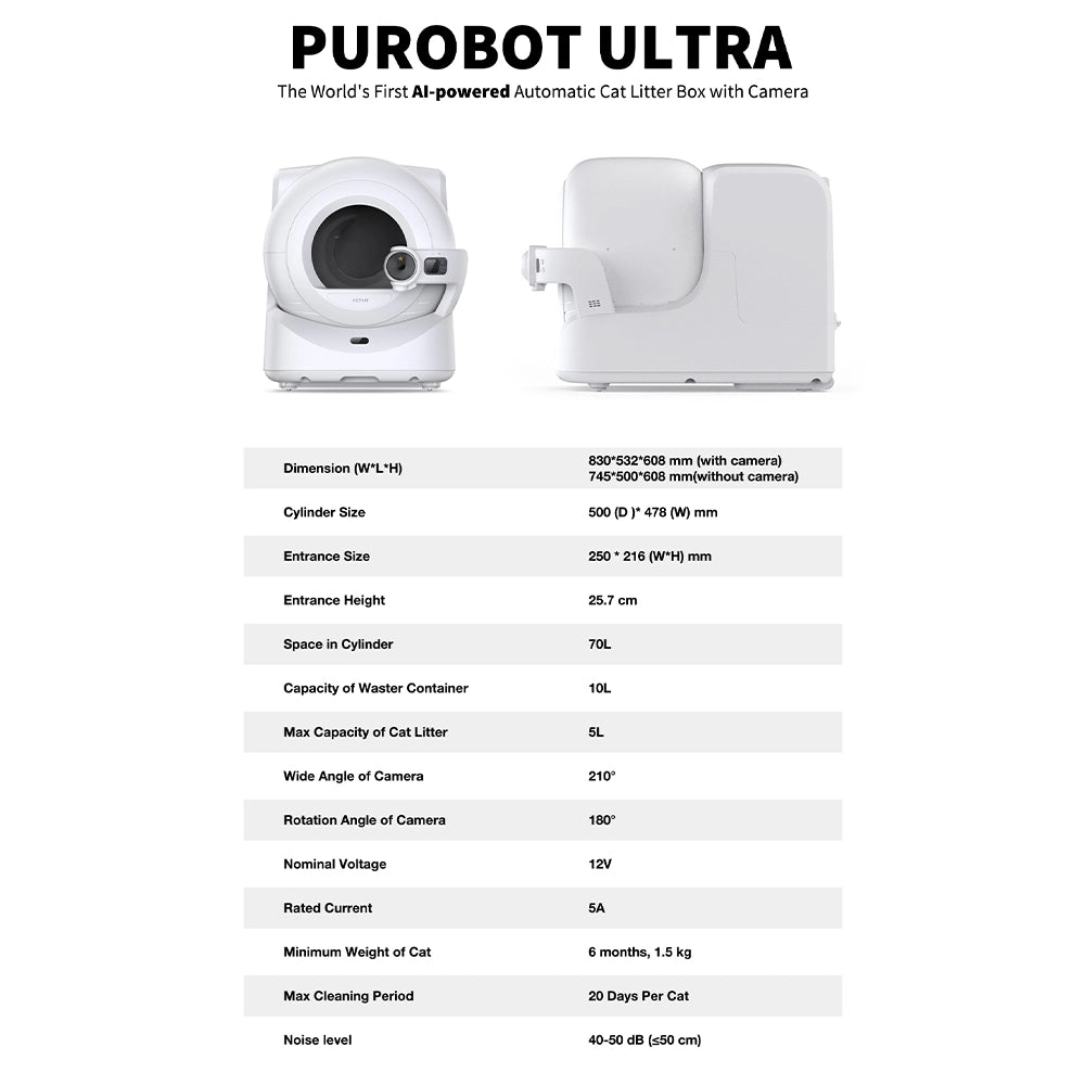 Purobot Ultra automatic cat litter box with specifications on a white background