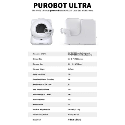 Purobot Ultra automatic cat litter box with specifications on a white background