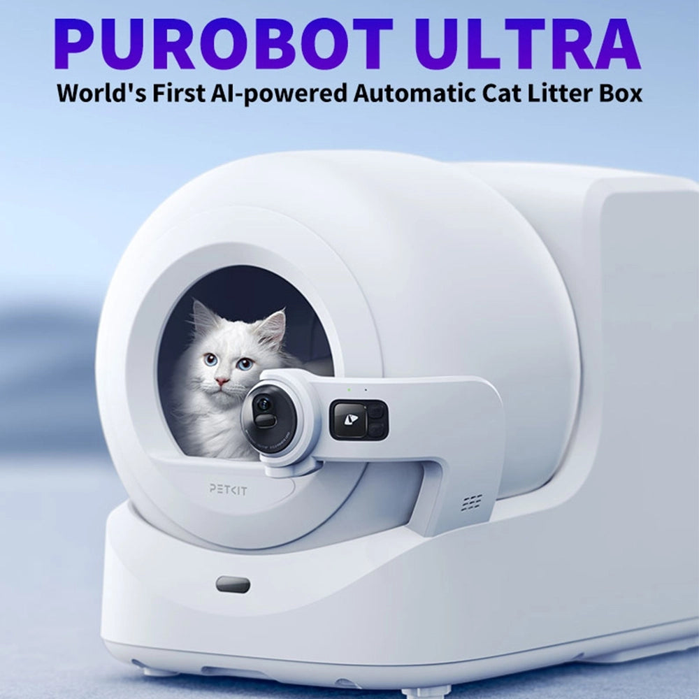 Purobot Ultra automatic cat litter box with a cat inside, on a light blue background