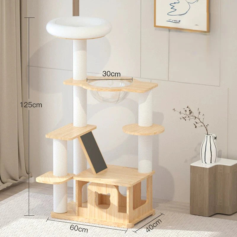 Wooden cat tree with measurements in a room setting