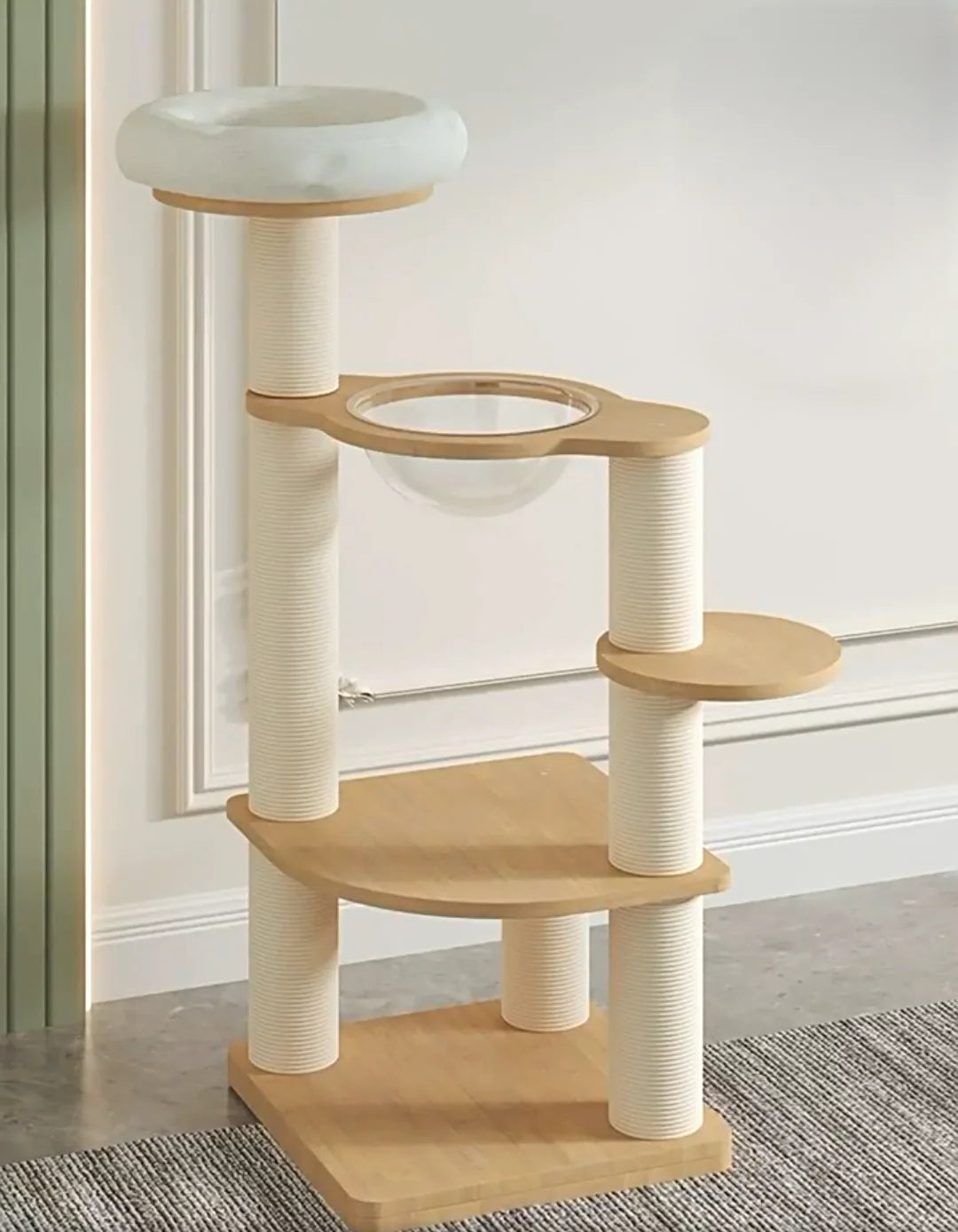 Cat tree with multiple platforms and scratching posts in a room setting