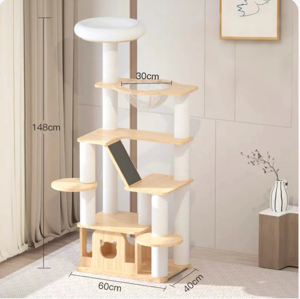 Cat tree with measurements in a room setting
