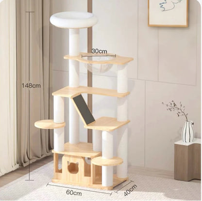 Cat tree with measurements in a room setting