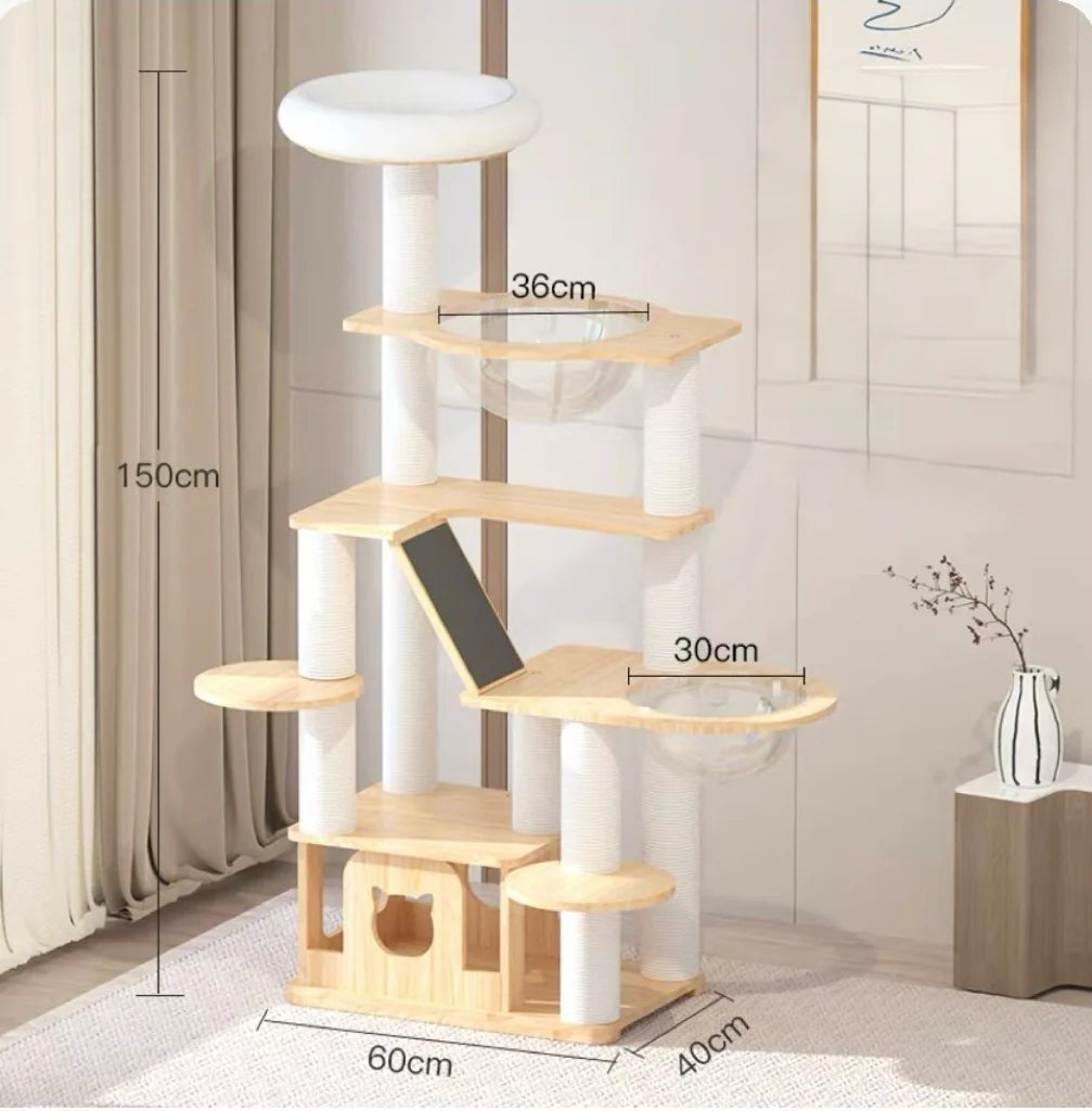 Cat tree with dimensions labeled in a room setting