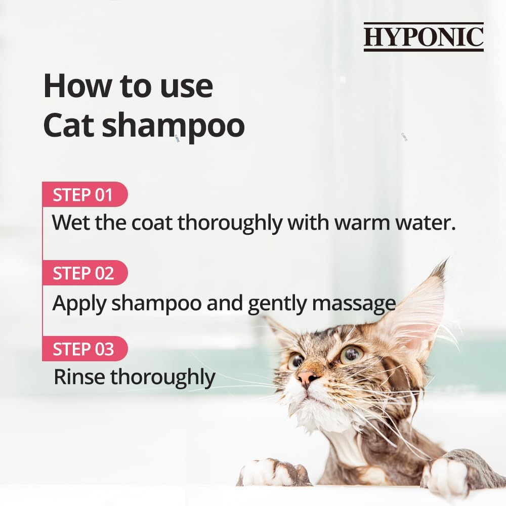 Step-by-step guide on how to use cat shampoo: 1. Wet coat thoroughly with warm water, 2. Apply shampoo and gently massage, 3. Rinse thoroughly.