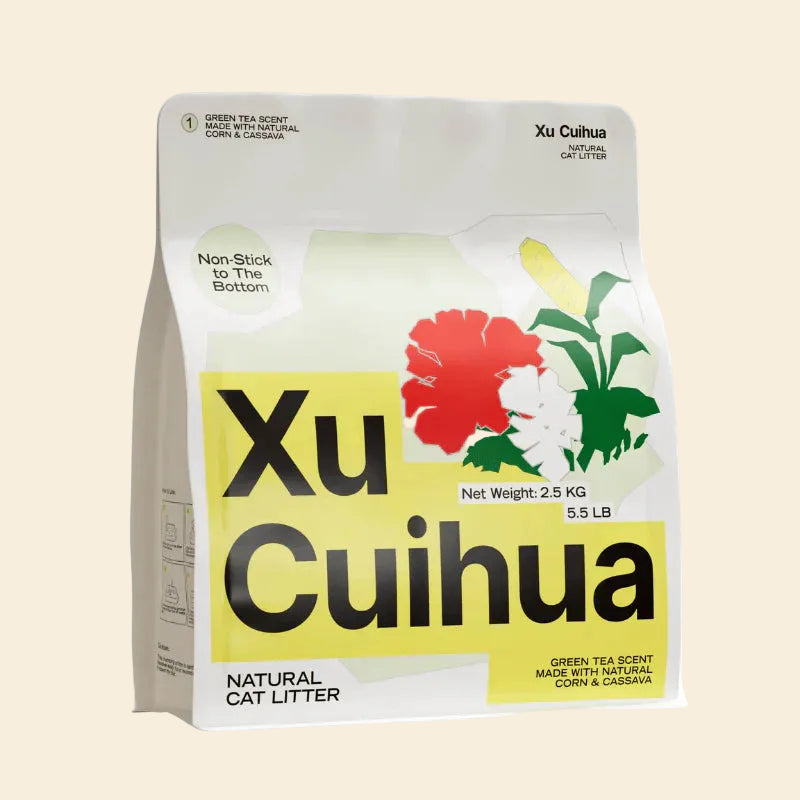 Bag of Xu Cuihua Green Tea Scented natural cat litter with branding and product details on a white background