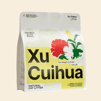 Bag of Xu Cuihua Green Tea Scented natural cat litter with branding and product details on a white background