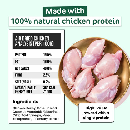 Nutritional analysis and ingredients list for Air Dried Chicken Straps. Features 19.5% protein and 16.0% fat with 100% natural chicken protein ingredients.