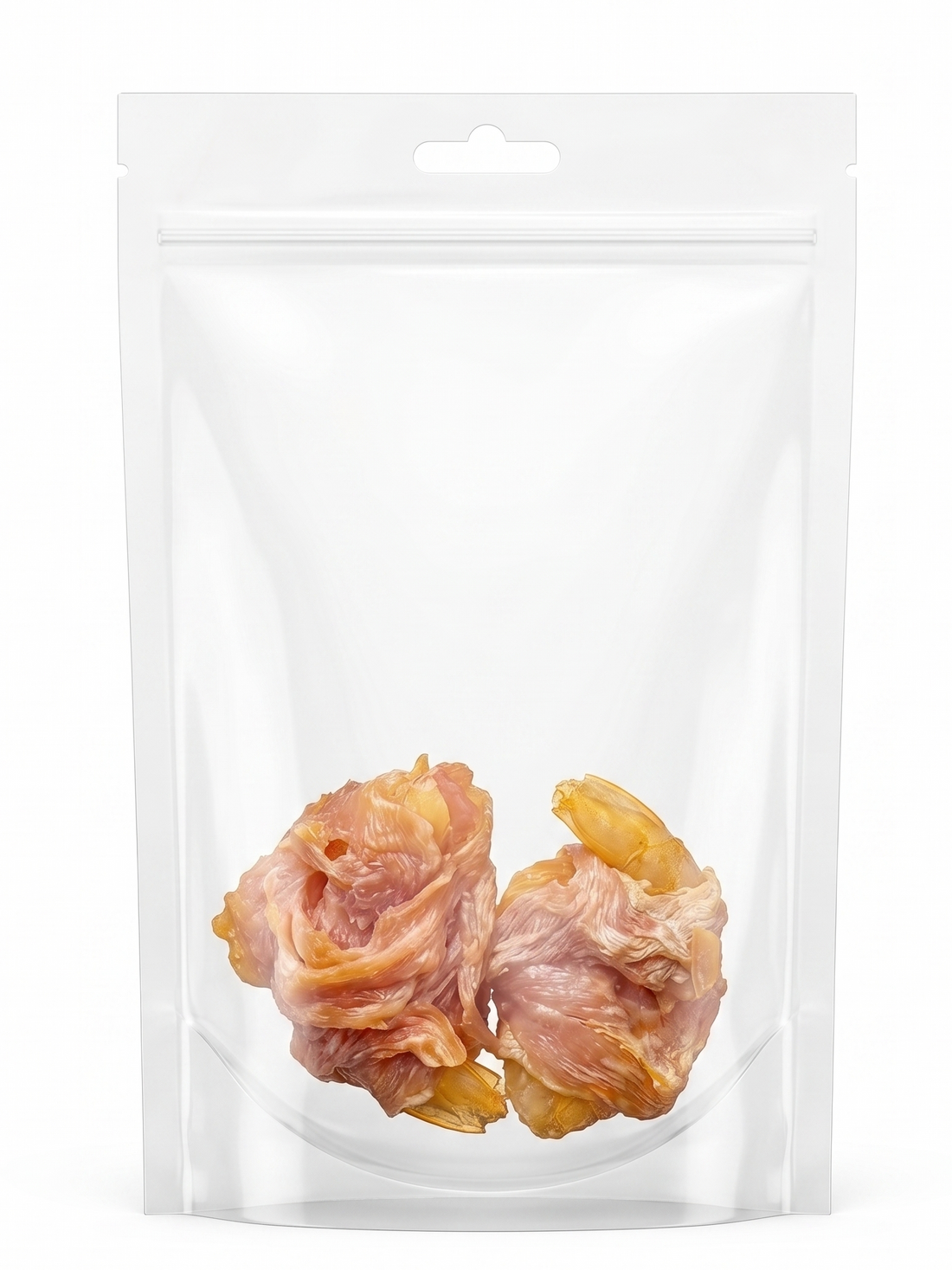 A clear resealable pouch containing two pieces of premium Air-Dried Chicken Wrapped Prawns. A high-protein, low-fat surf and turf dog and cat treat made in Australia with 100% real chicken breast and whole prawns.