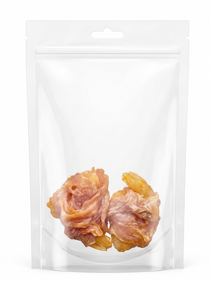 A clear resealable pouch containing two pieces of premium Air-Dried Chicken Wrapped Prawns. A high-protein, low-fat surf and turf dog and cat treat made in Australia with 100% real chicken breast and whole prawns.