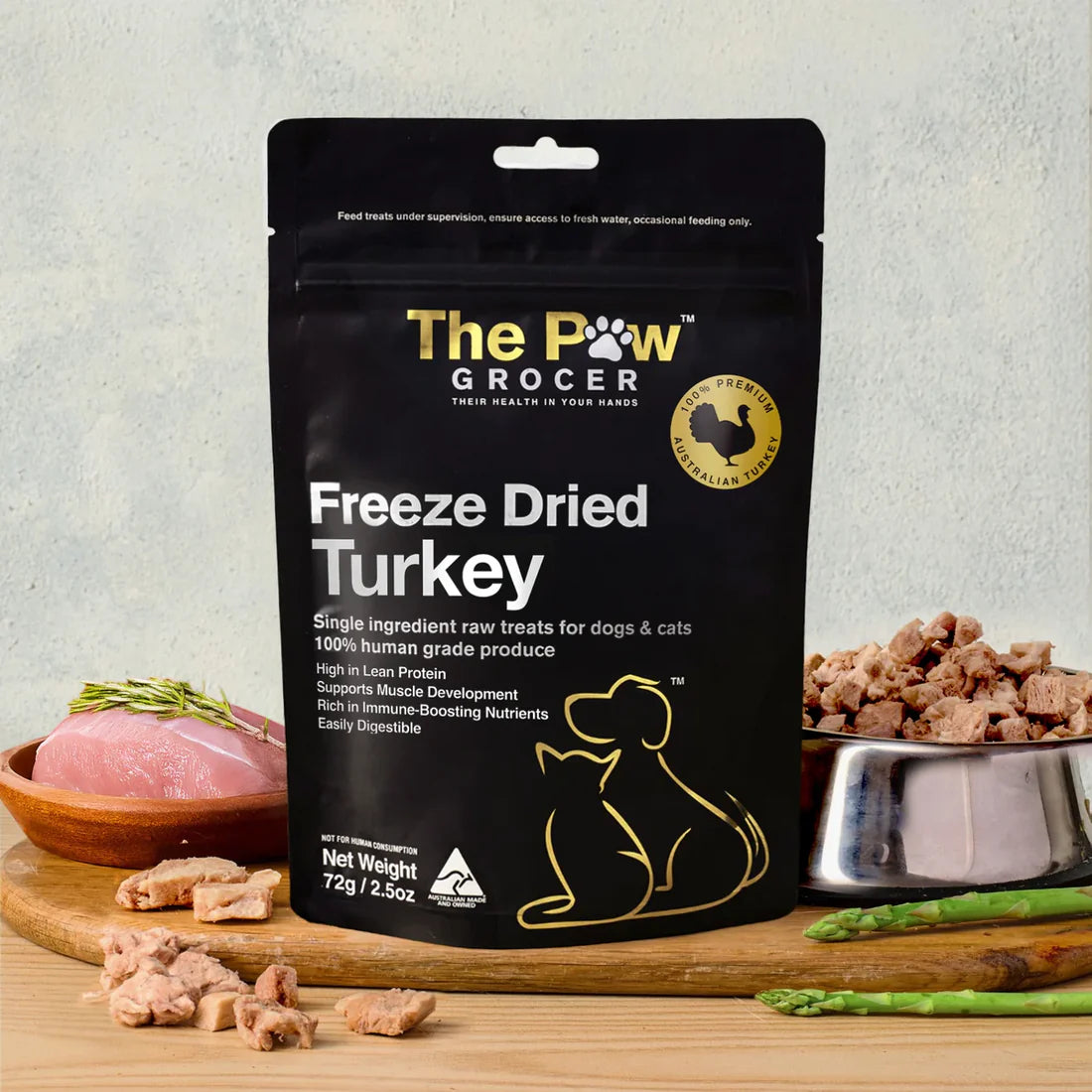 The Paw Grocer 72g Freeze-Dried Turkey Breast treats beautifully displayed on a wooden board next to fresh raw turkey breast and a silver bowl filled with the guilt-free, everyday training reward.