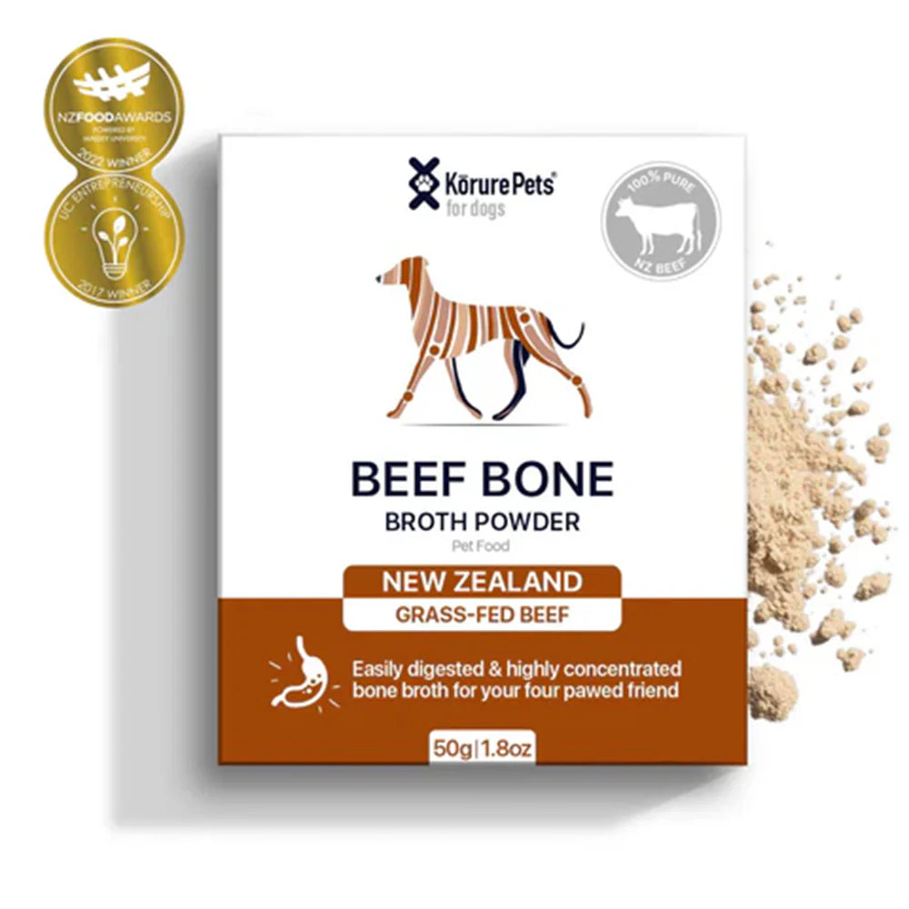 Kōrure Pets Beef Bone Broth box next to a scoop of finely milled powder and NZ Food Awards badges. A highly concentrated, shelf-stable meal topper for picky dogs.