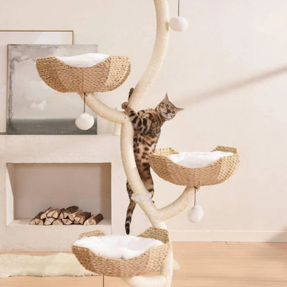 An active Bengal cat climbing the curved, sisal-wrapped trunk of the 185cm tall Michu Ivy cat tree, demonstrating its rock-solid stability and climbing appeal.
