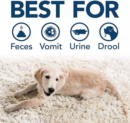 A Golden Retriever puppy resting on a white rug, with icons indicating the Simple Solution spray is best for removing dog feces, vomit, urine, and drool.