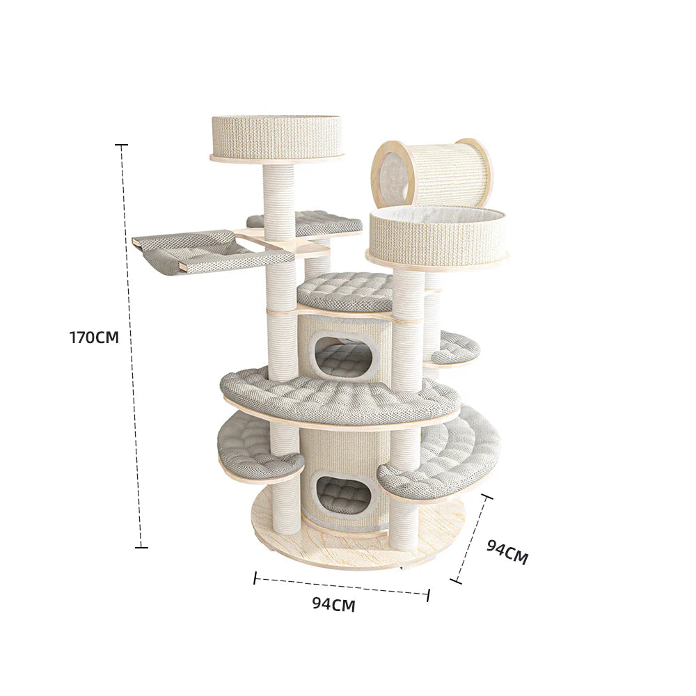Dimension guide for the extra-large HONEYPOTCAT Beverly Crest cat castle, highlighting the 170cm height and heavy-duty baseplates.
