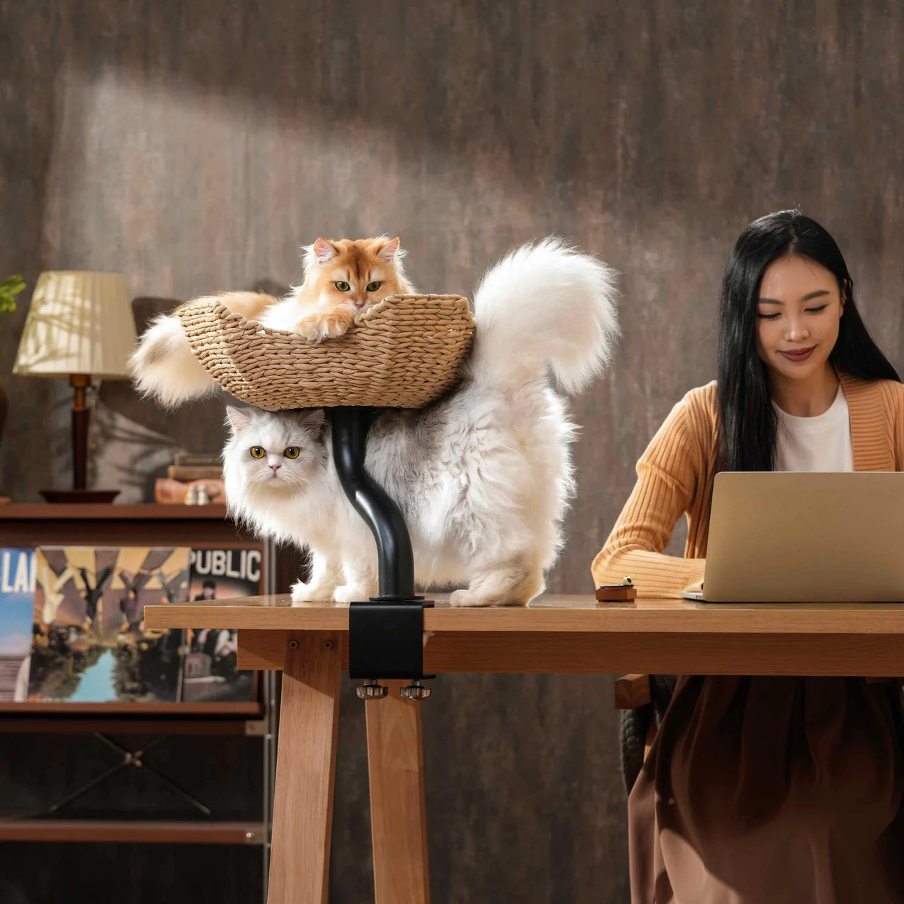 A golden fluffy cat lounging comfortably in the black Michu DeskMate space-saving cat tree, clamped securely to a minimalist wooden desk in a home office.