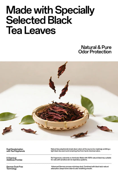 Dried black tea leaves falling into a small woven bamboo basket, representing the natural tea polyphenols used for pure odor protection in FluffyMW litter.