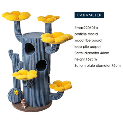 Parameter details for the blue HONEYPOTCAT Luxe Cactus cat tree, highlighting its durable loop-pile carpet, high-quality particle board, and wood fiberboard construction.