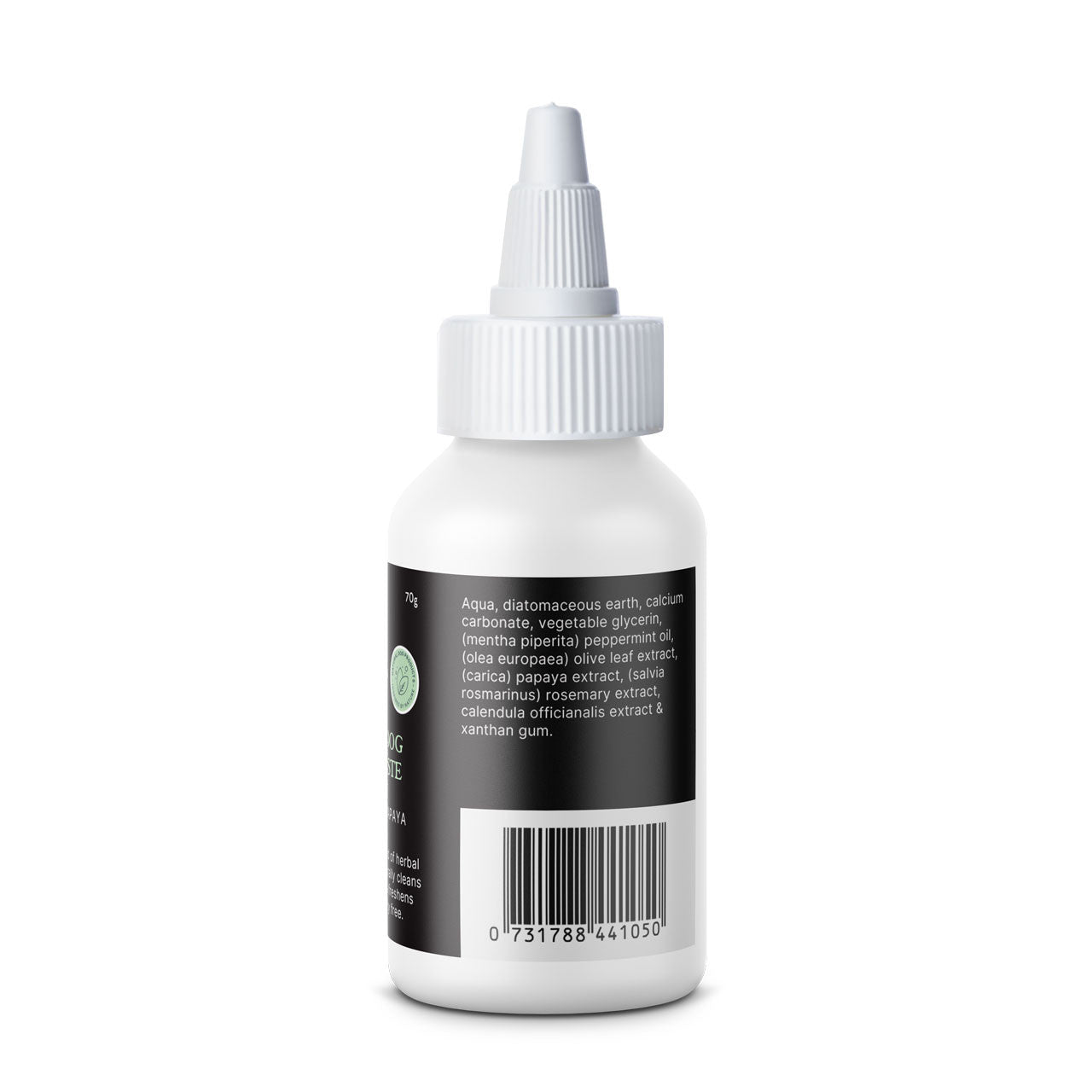 Side view of the Essential Dog Herbal Dog Toothpaste bottle, listing the natural ingredients such as diatomaceous earth, calcium carbonate, peppermint oil, papaya extract, and rosemary extract.
