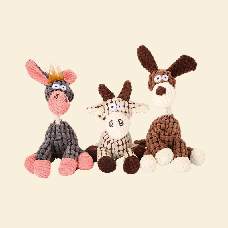 The complete Bubble Farm collection of plush dog toys featuring a grey donkey, a beige goat, and a brown dog, all crafted with textured bubble plush and cotton rope necks.