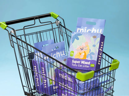 A shopping cart loaded with multiple bags of the budget-friendly Michu Mixed Tofu Cat Litter Lite, highlighting the perfect, cost-effective odor control solution for multi-cat households.