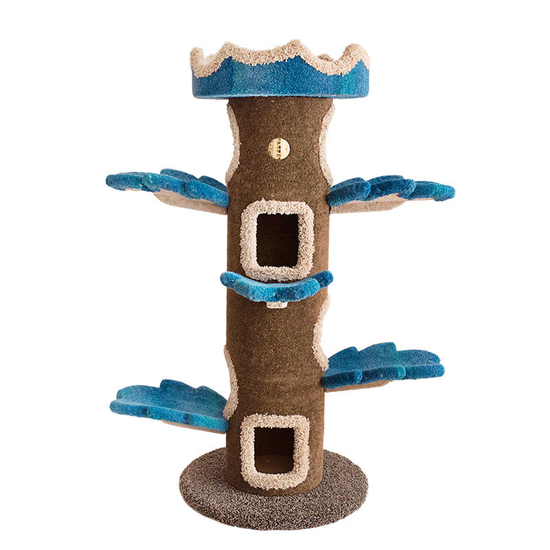 Full view of the Camily Big Tree Cat Tower in ocean blue on a white background.