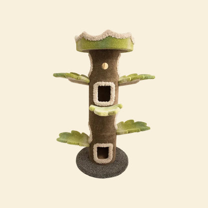 Full view of the Camily Big Tree Cat Tower in natural green on a yellow background.