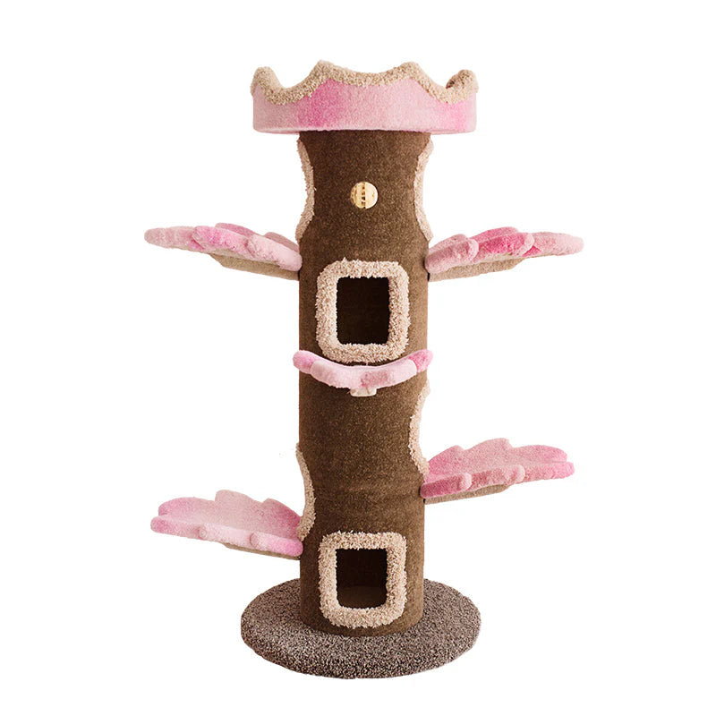 Full view of the Camily Big Tree Cat Tower in pastel pink on a white background.