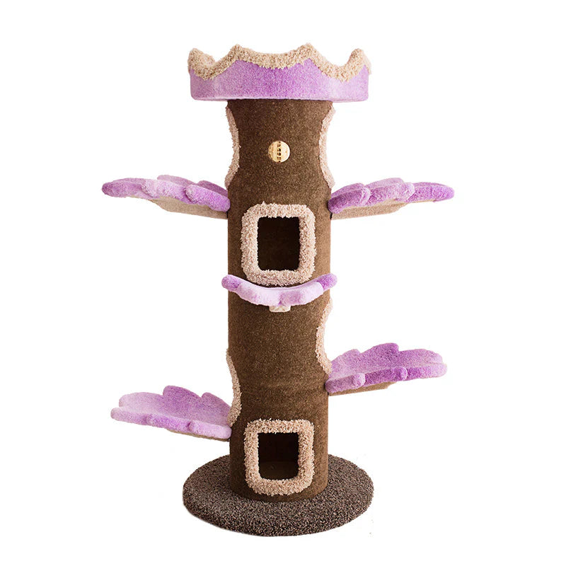 Full view of the Camily Big Tree Cat Tower in purple on a white background.