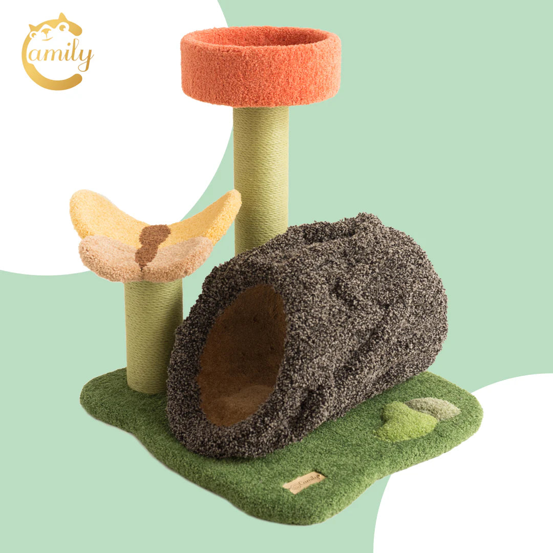 A beautifully designed Camily Flower Grove Cat Tree featuring a textured brown log tunnel, a flower-shaped lounge, and an orange top-tier lookout, set against a pastel green graphic background.