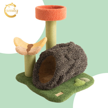 A beautifully designed Camily Flower Grove Cat Tree featuring a textured brown log tunnel, a flower-shaped lounge, and an orange top-tier lookout, set against a pastel green graphic background.
