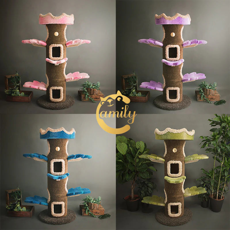 A four-panel collage showcasing the Camily Big Tree Cat Tower in four vibrant color options: pastel pink, purple, ocean blue, and natural green, perfect for modern home decor.
