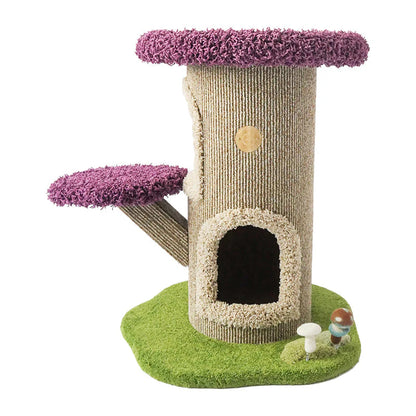 Full view of the Camily Mushroom Cat Tree in dark purple on a white background.