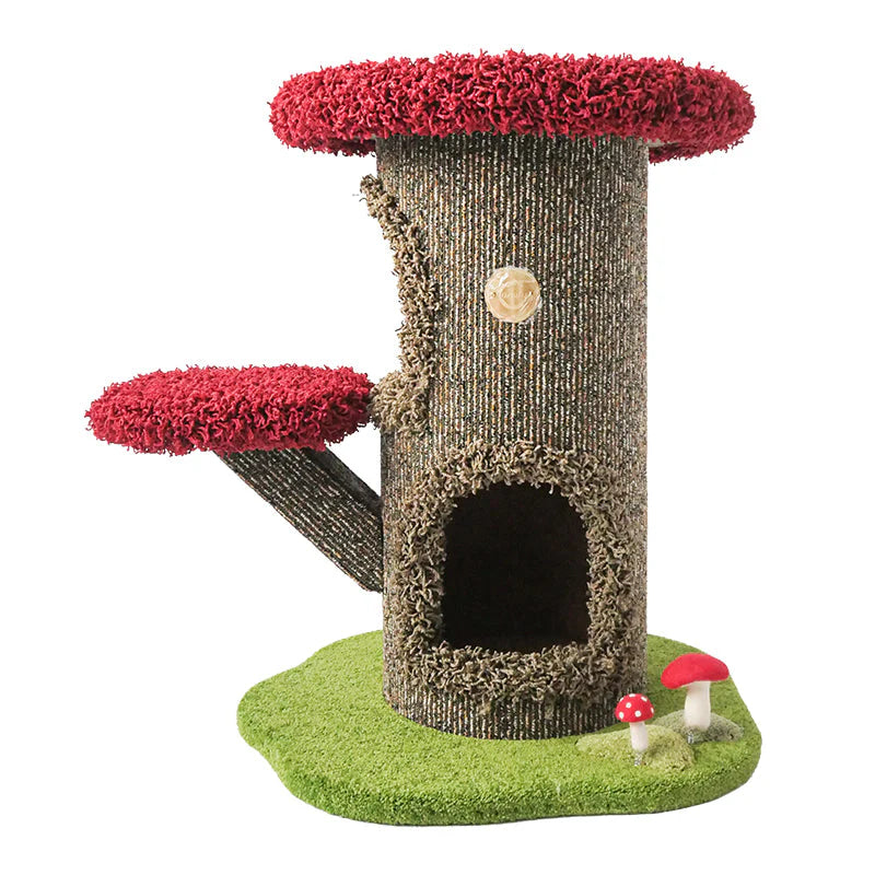 Full view of the Camily Mushroom Cat Tree in classic red on a white background.