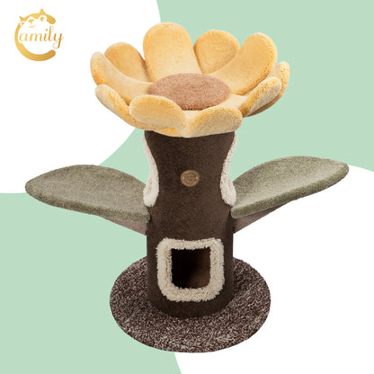 A beautiful Camily Sunflower Cat Tree featuring a large yellow floral platform, green leaf steps, and a brown tree trunk hideaway, set against a pastel green and white graphic background.