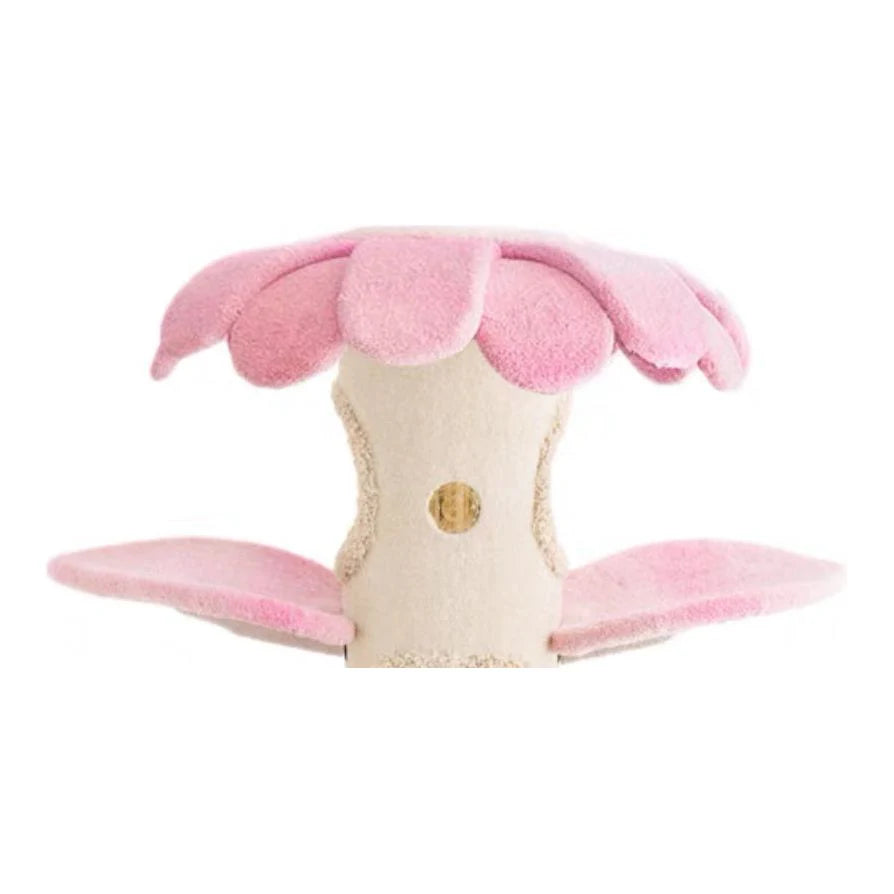 A close-up front view of the Camily Sunflower Cat Tree in a pastel pink and cream colorway, showing the soft, thick nylon fiber velvet on the floral platform.