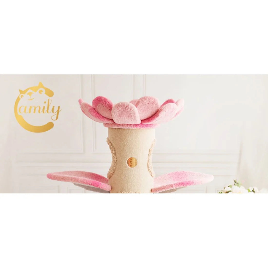Pink plush flower cat tree with a beige base on a white background, featuring the brand &