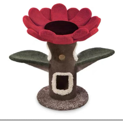 Full view of the Camily Sunflower Cat Tree in a vibrant deep red and green colorway on a white background, highlighting the scratch-resistant platforms and cozy tree hollow.