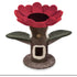 Full view of the Camily Sunflower Cat Tree in a vibrant deep red and green colorway on a white background, highlighting the scratch-resistant platforms and cozy tree hollow.