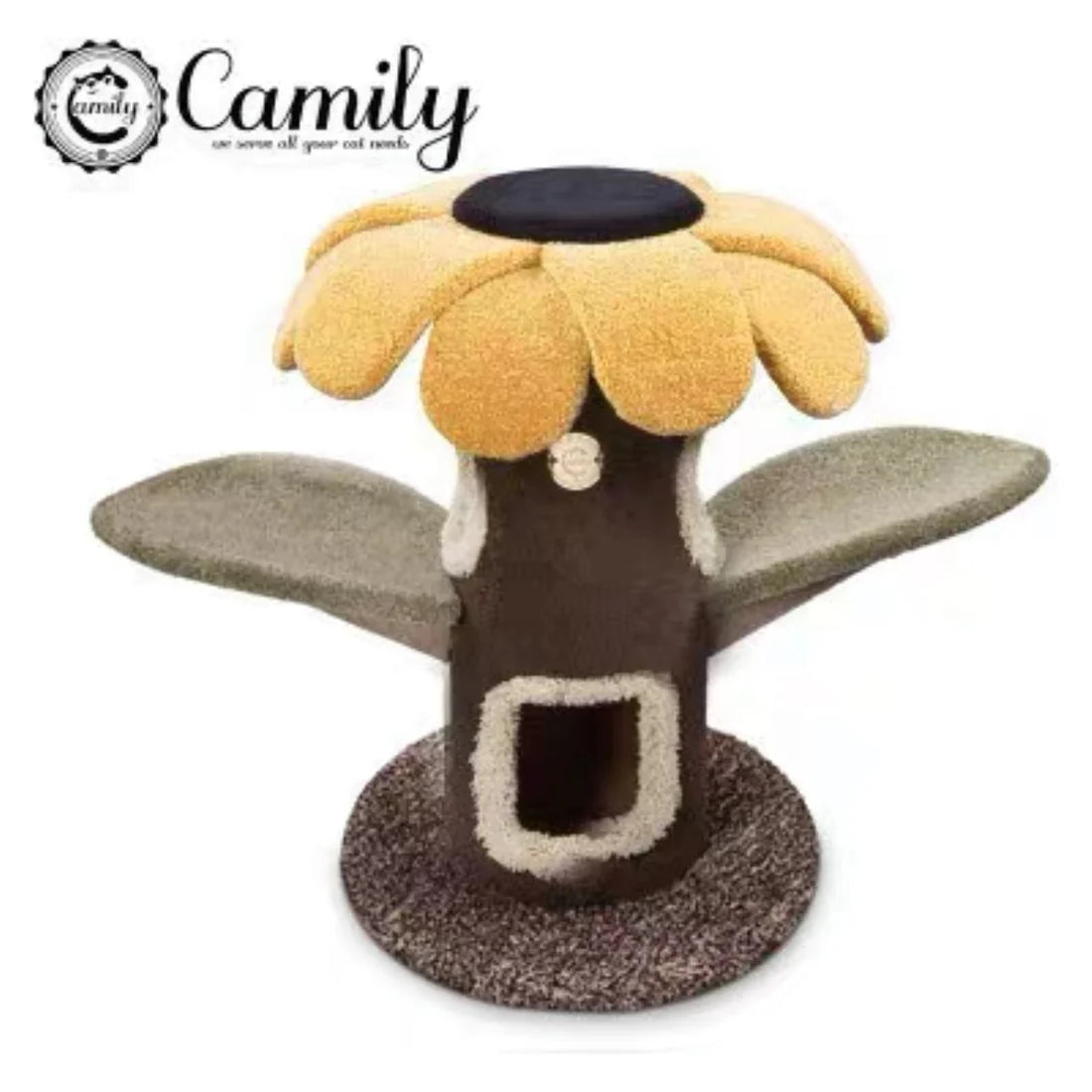 Full view of the Camily Sunflower Cat Tree featuring a yellow floral platform with a black center and a brown tree trunk hideaway on a white background.