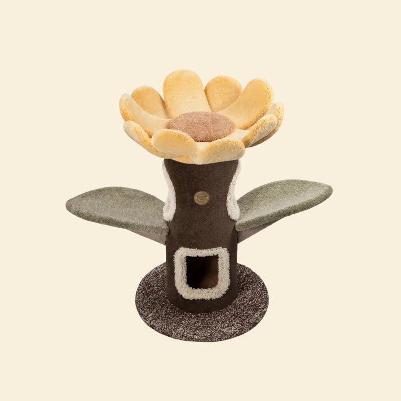 Full view of the Camily Sunflower Cat Tree in yellow and green on a yellow background.