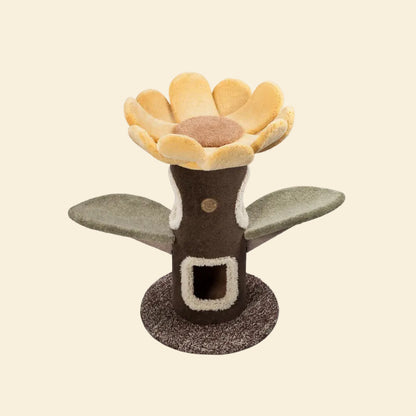 Full view of the Camily Sunflower Cat Tree in yellow and green on a yellow background.