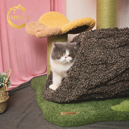 A close-up of a grey and white cat exploring the beautifully textured, spacious tree log tunnel of the Camily cat tree, showcasing the secure hideaway and scratch-resistant nylon fiber velvet material.