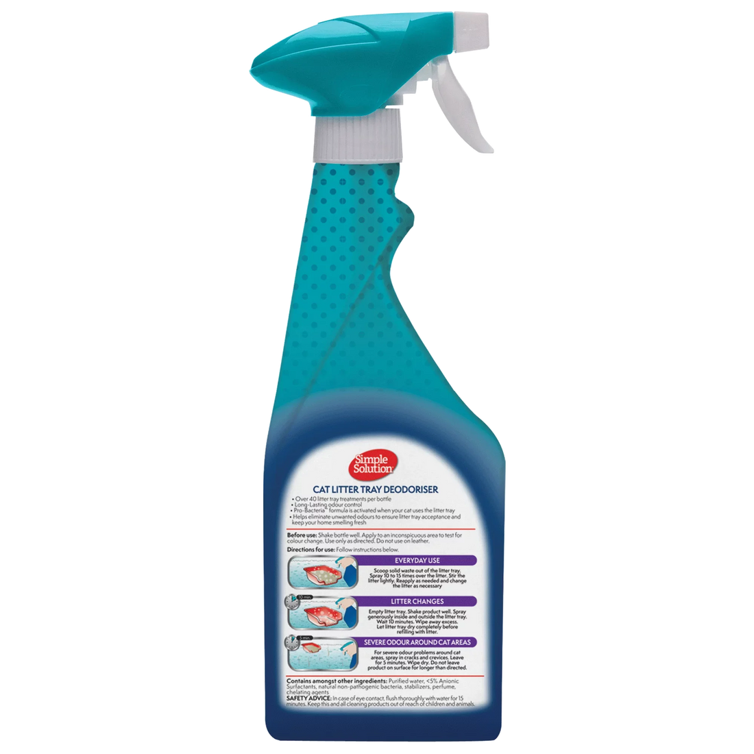 Close-up of the back panel instructions for the Simple Solution Cat Litter Tray Deodoriser, detailing the Pro-Bacteria formula that provides over 40 treatments and step-by-step guides for everyday use and severe odours.