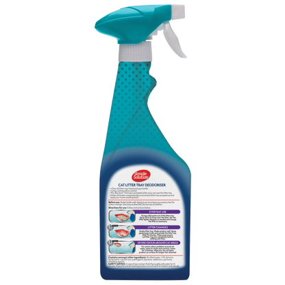 Close-up of the back panel instructions for the Simple Solution Cat Litter Tray Deodoriser, detailing the Pro-Bacteria formula that provides over 40 treatments and step-by-step guides for everyday use and severe odours.